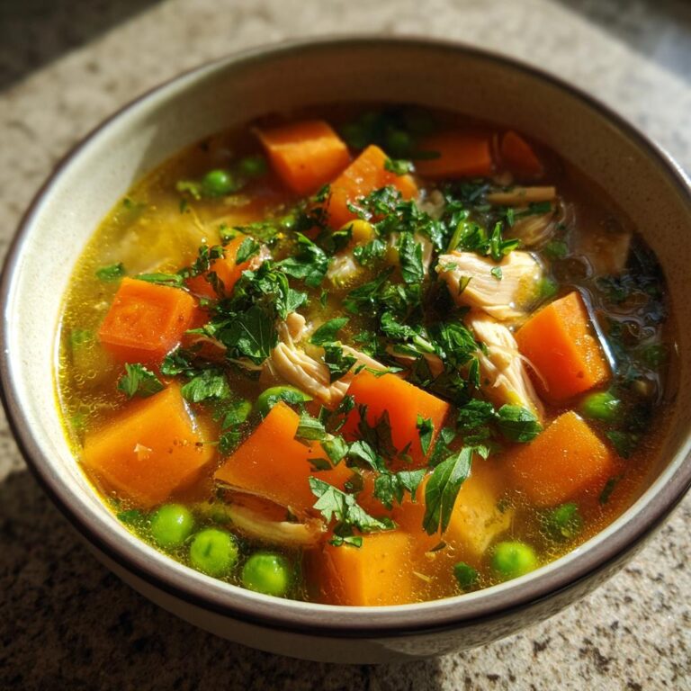 A bowl of Schnelle Hühnersuppe filled with shredded chicken, diced carrots, and green peas, garnished with fresh parsley.