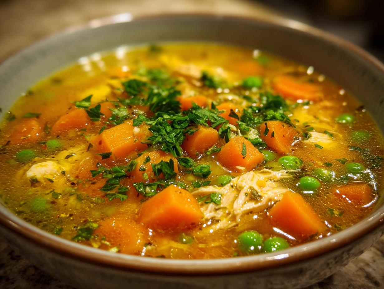 A close-up of a bowl of Schnelle Hühnersuppe with chicken, carrots, peas, and parsley.