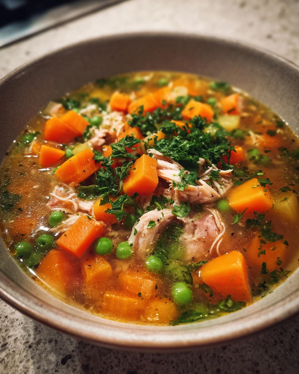 Eine Schüssel mit schneller Hühnersuppe, gefüllt mit Karottenwürfeln, Erbsen und Hühnerfleisch, garniert mit Petersilie.
