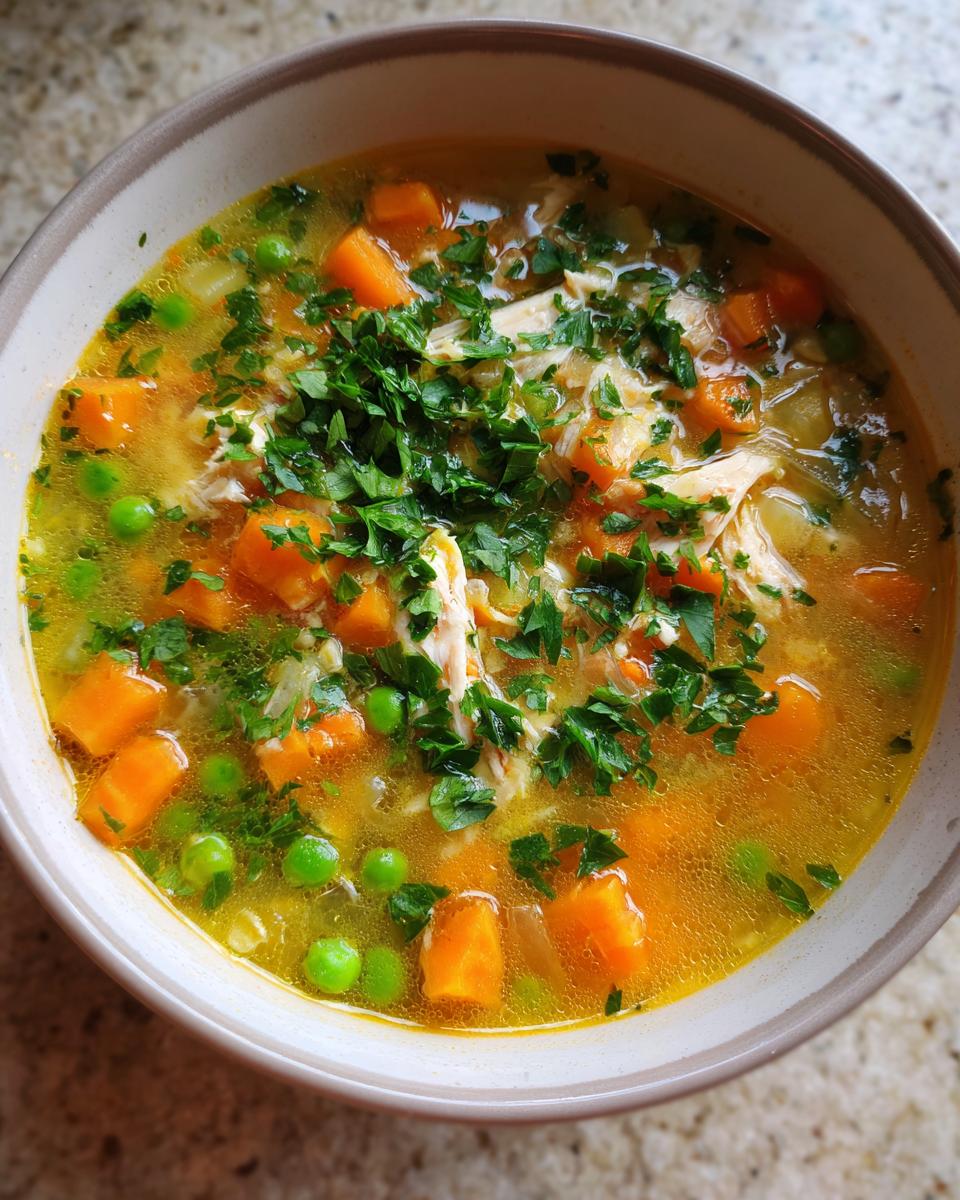 Eine Schüssel mit schneller Hühnersuppe, gefüllt mit zarten Hühnerfleischstücken, Karottenwürfeln, Erbsen und frischer Petersilie.