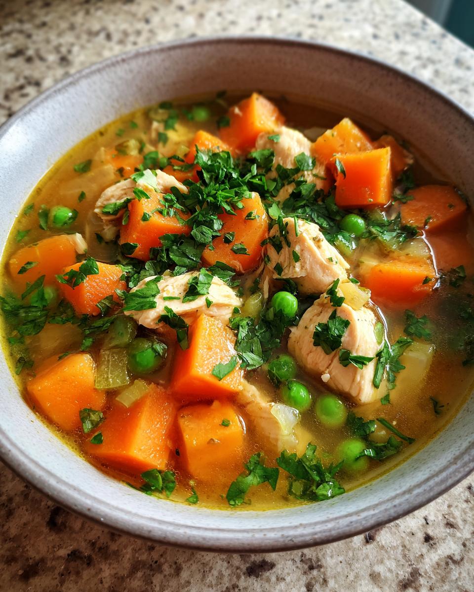 Nahaufnahme einer Schüssel mit schneller Hühnersuppe, gefüllt mit Hühnerfleisch, Karottenwürfeln und Erbsen, garniert mit Petersilie.