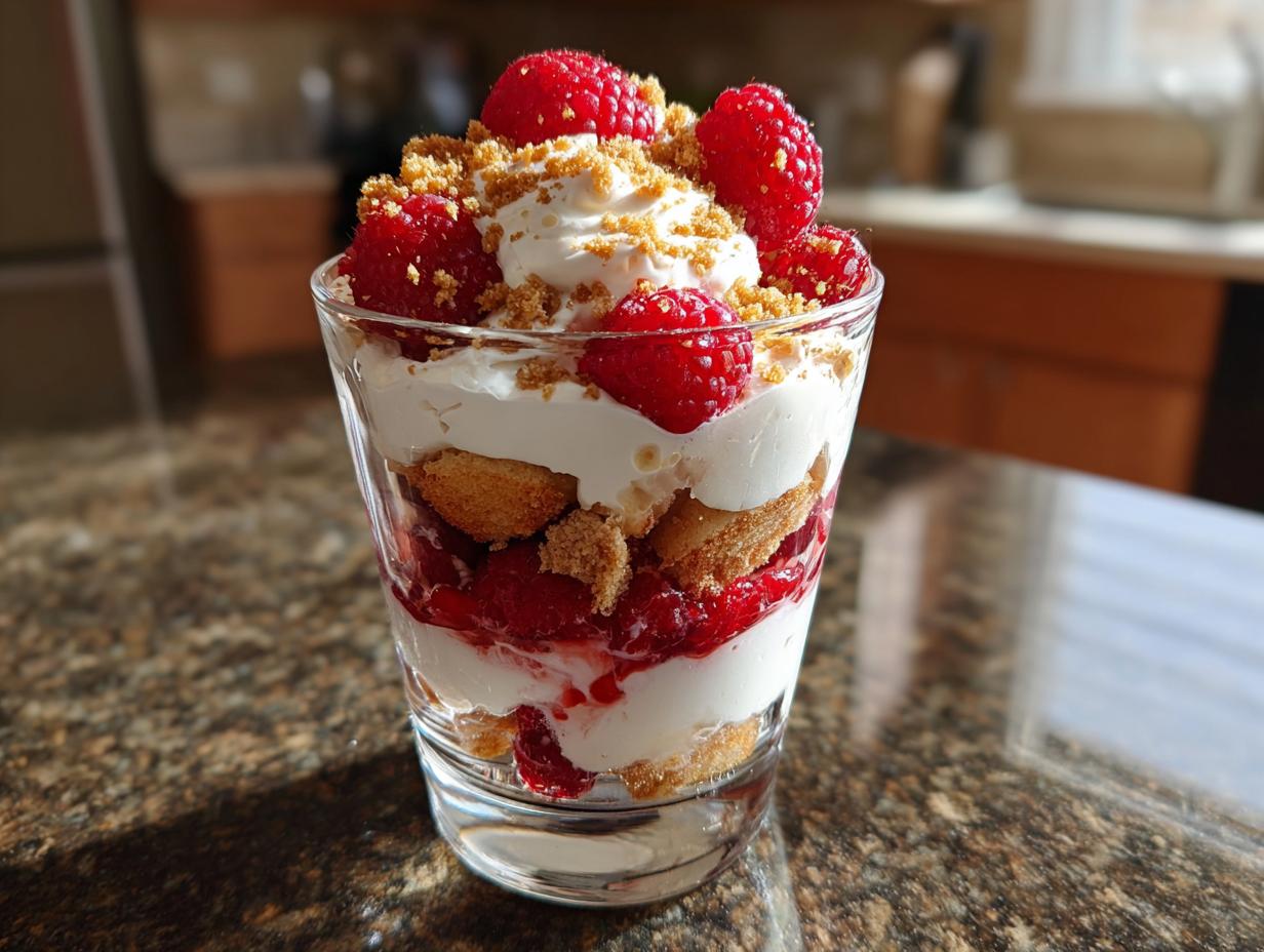 Schnelles Vanillekipferl Dessert mit Himbeeren in einem Glas geschichtet, mit Sahne und Krümeln.