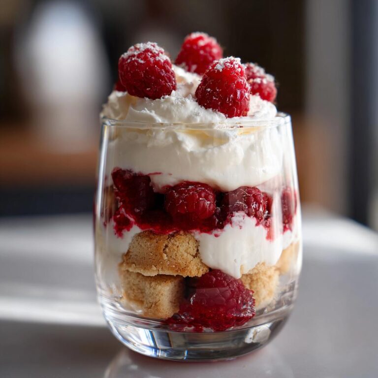 Schichtdessert im Glas mit Vanillekipferl-Krümeln, Himbeeren und Sahne, bestäubt mit Puderzucker.