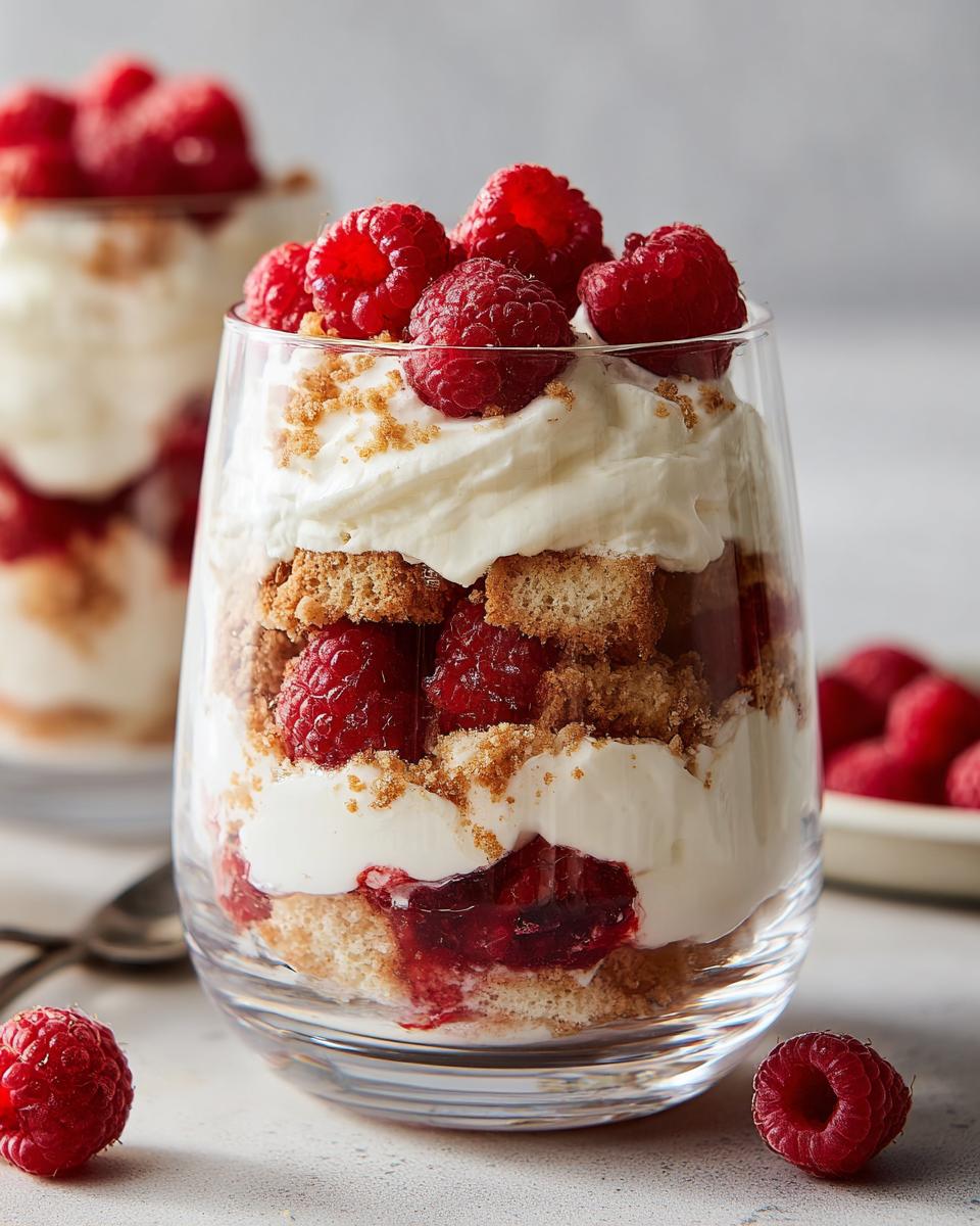 Schnelles Vanillekipferl Dessert mit Himbeeren in einem Glas geschichtet mit Sahne, Kuchenstücken und Himbeeren.