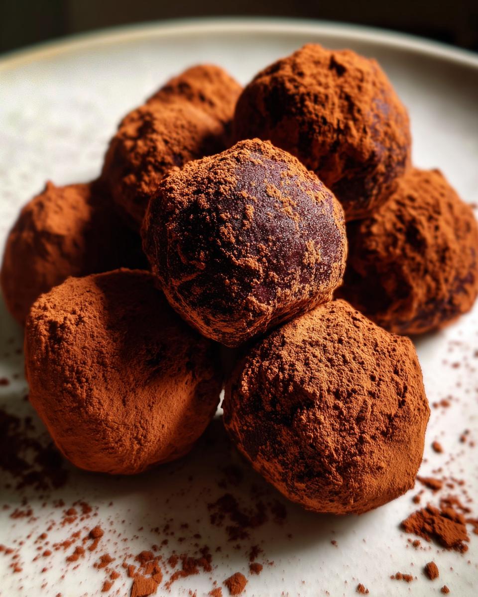 Eine Nahaufnahme von Schokoladenpralinen für Weihnachten, bedeckt mit Kakaopulver.