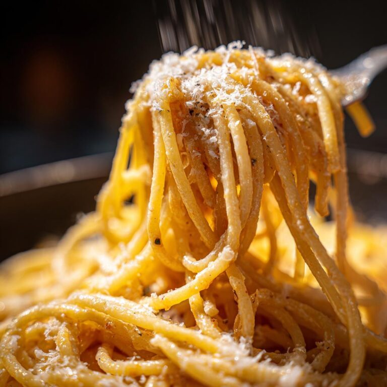 Nahaufnahme von köstlichen Spaghetti, bestreut mit 100g Parmesan, auf einer Gabel.
