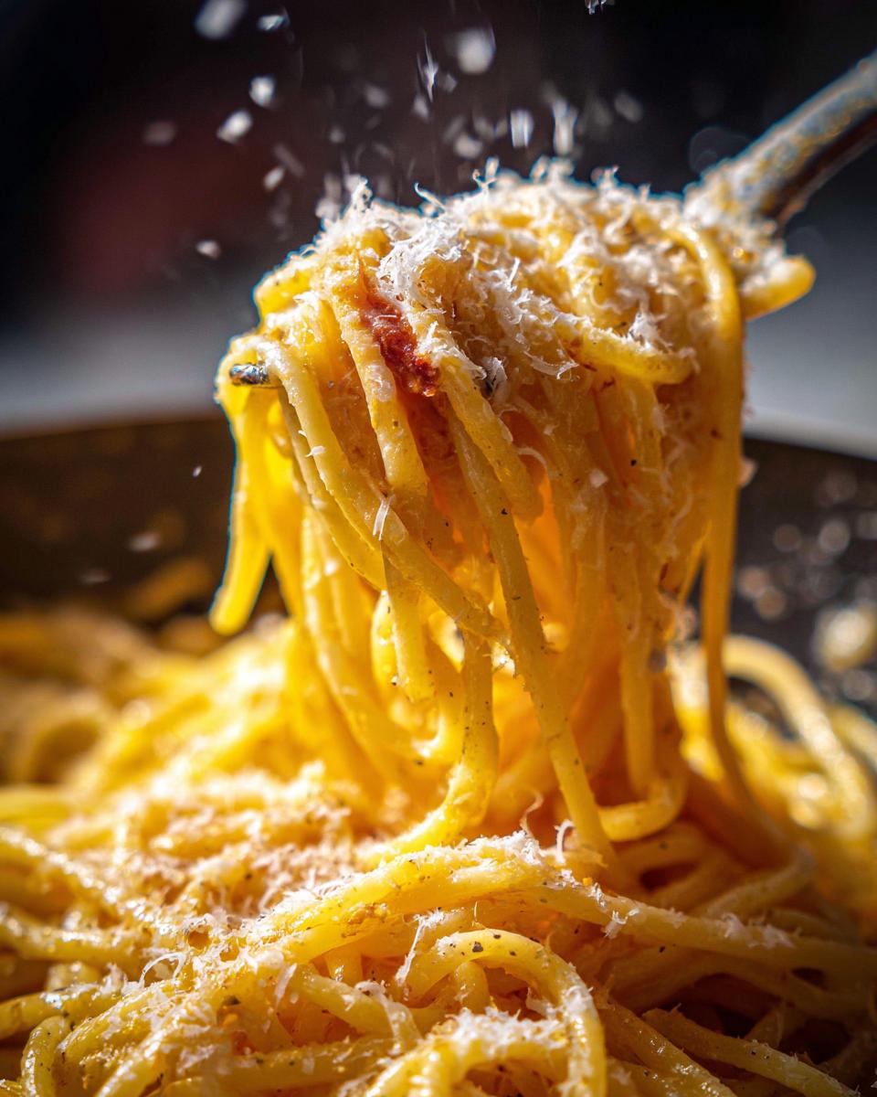Nahaufnahme von Spaghetti, die mit 100g Parmesan bestreut werden, ein köstliches Gericht.