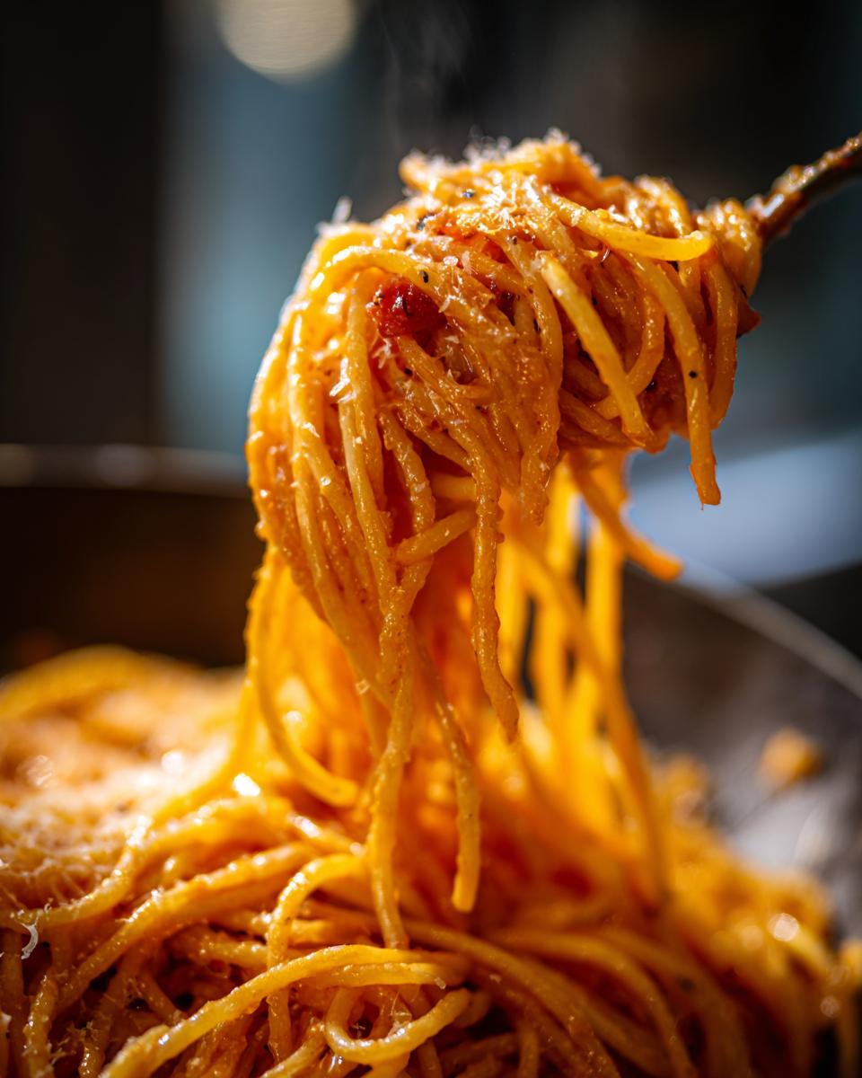 Nahaufnahme von dampfenden Spaghetti mit 100g Parmesan und einer Tomatensauce.