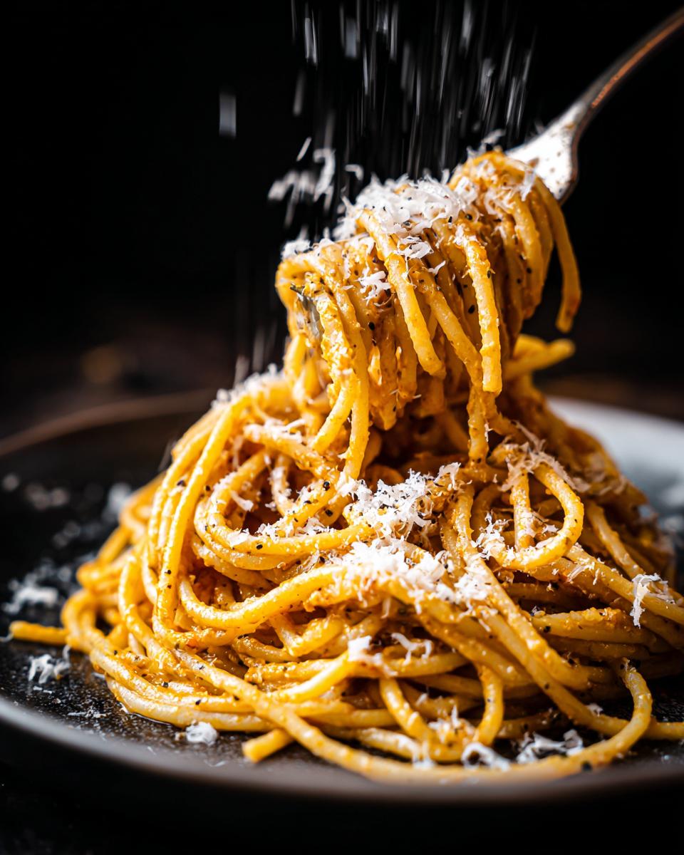 Eine Gabel mit Spaghetti, die mit 100g Parmesan bestreut werden, auf einem Teller.
