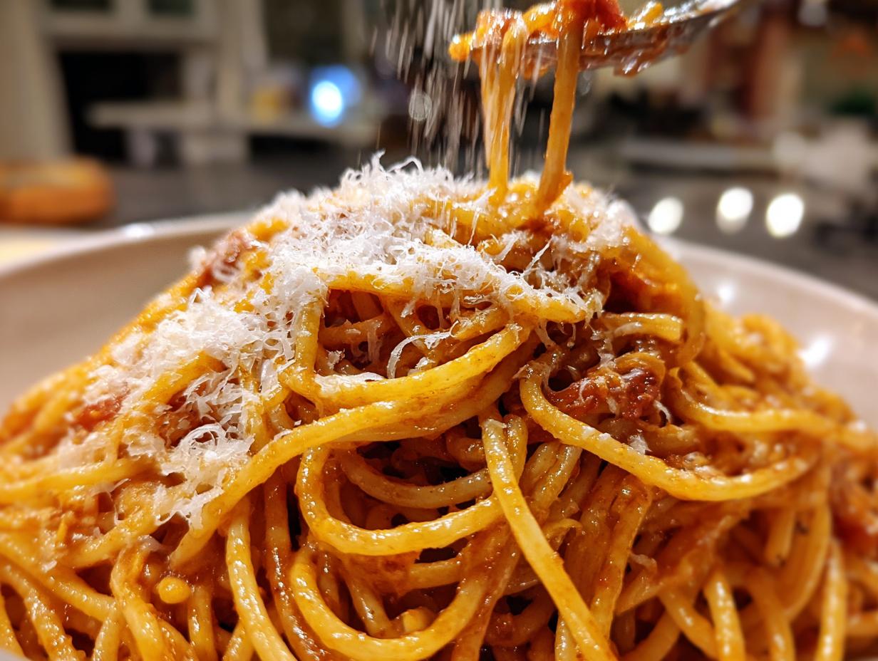 Nahaufnahme von Spaghetti mit reichlich geriebenem Parmesan, der darüber gestreut wird.
