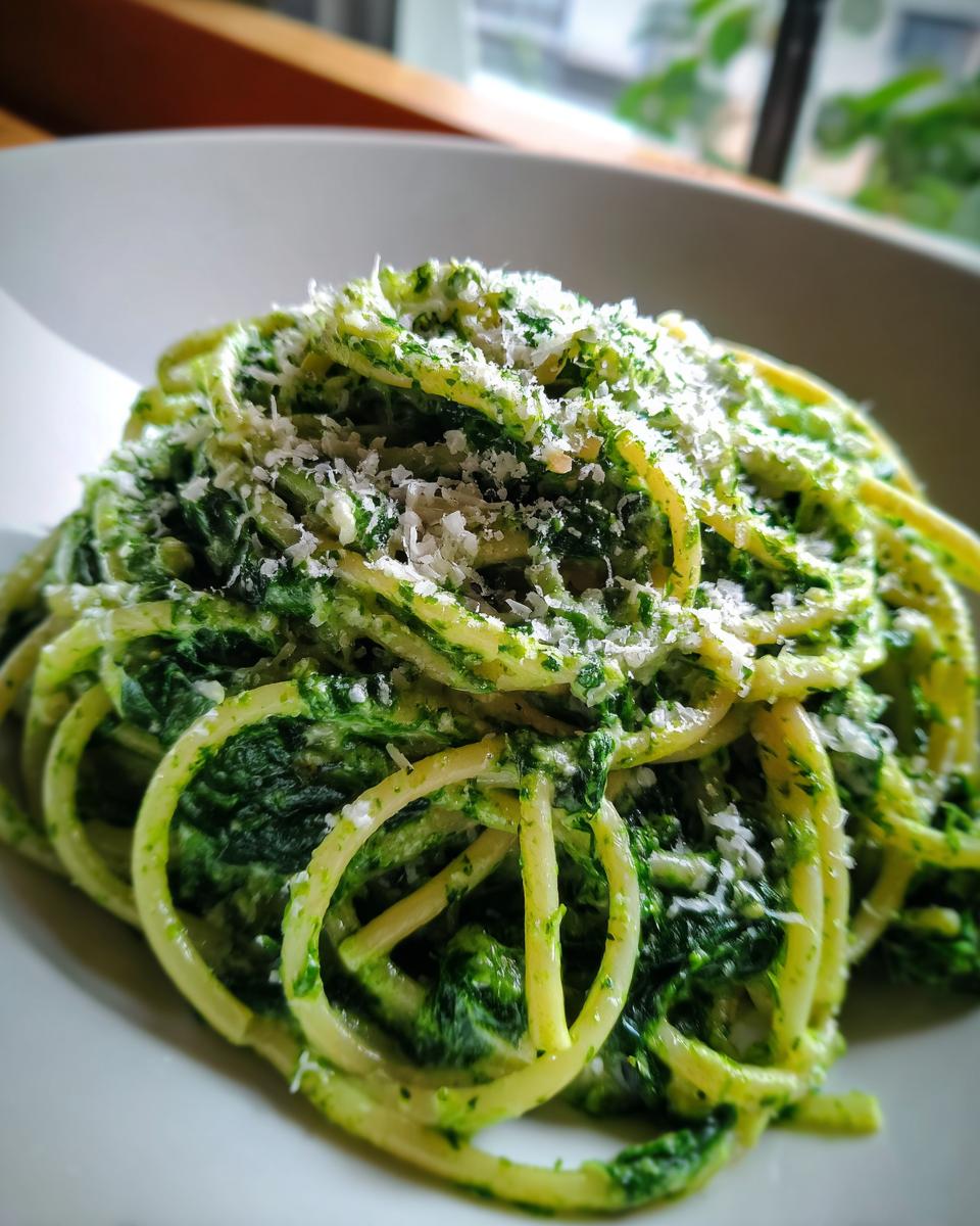 Eine Nahaufnahme von Spaghetti mit einer cremigen Spinat Frischkäse-Sauce, bestreut mit geriebenem Käse.