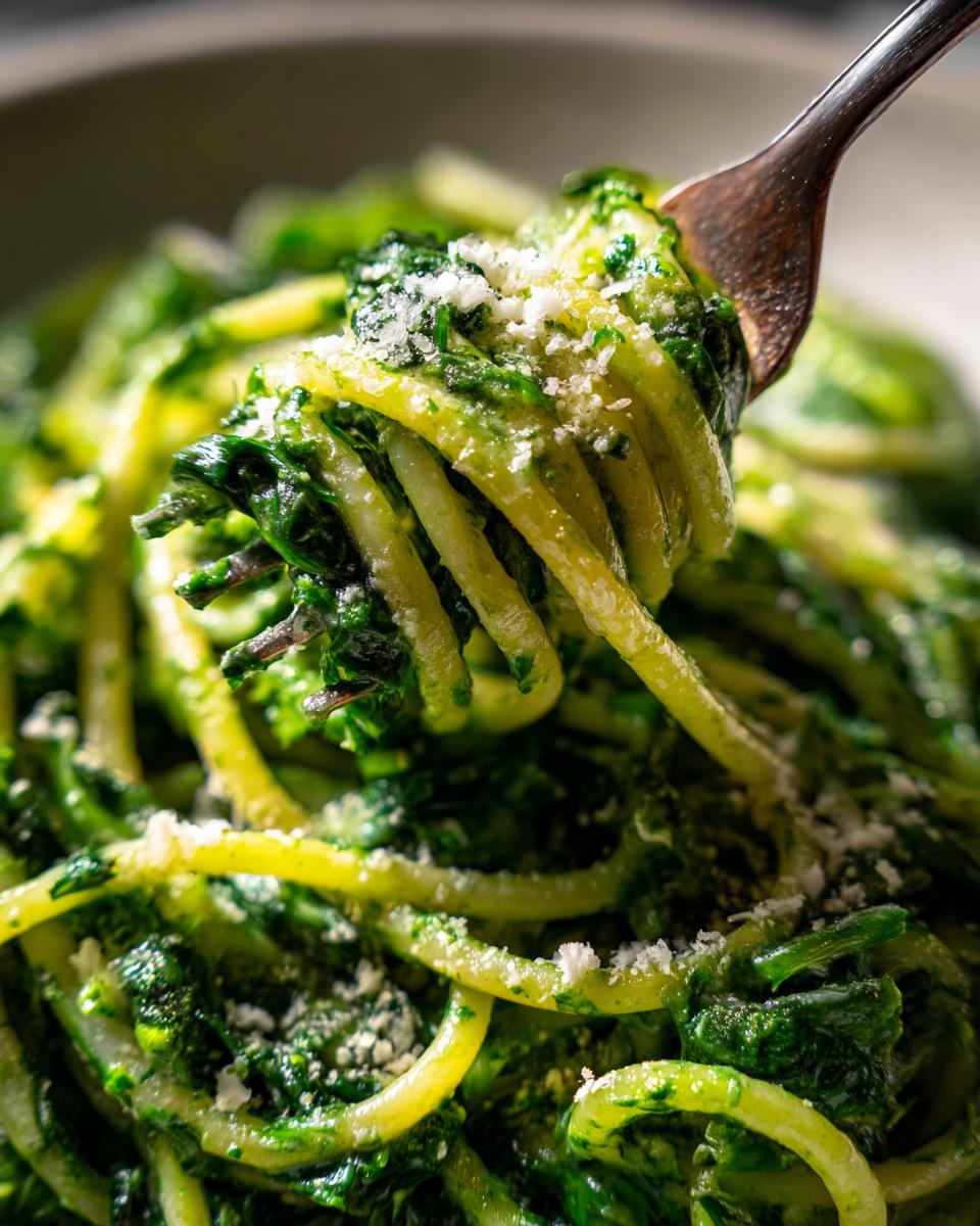 Eine Gabel mit Spaghetti, überzogen von einer cremigen Spinat Frischkäse-Sauce, bestreut mit geriebenem Käse.