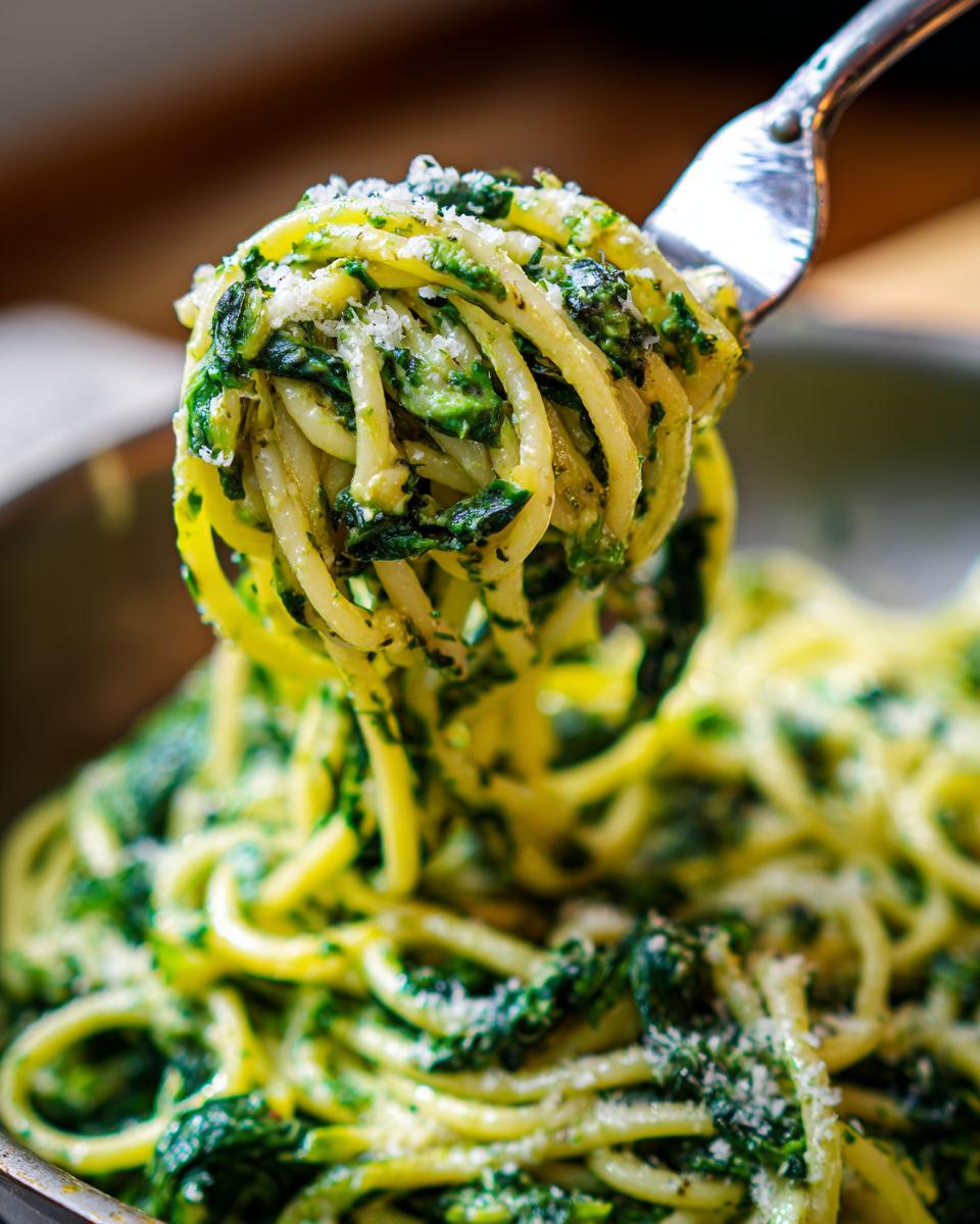Eine Gabel hebt Spaghetti mit einer cremigen Spinat Frischkäse-Sauce und Parmesan.