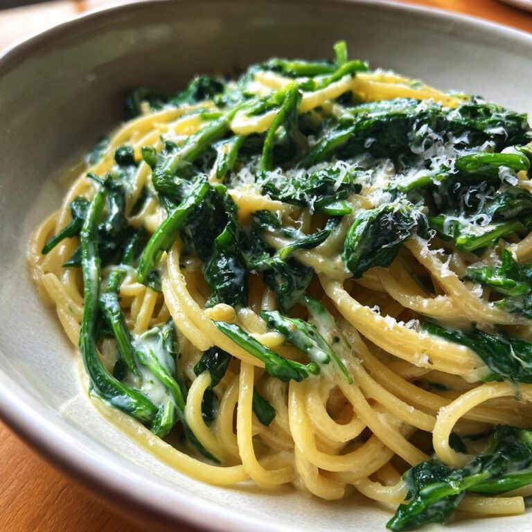 Nahaufnahme von Spaghetti mit Spinat Frischkäse-Sauce, garniert mit geriebenem Parmesan.