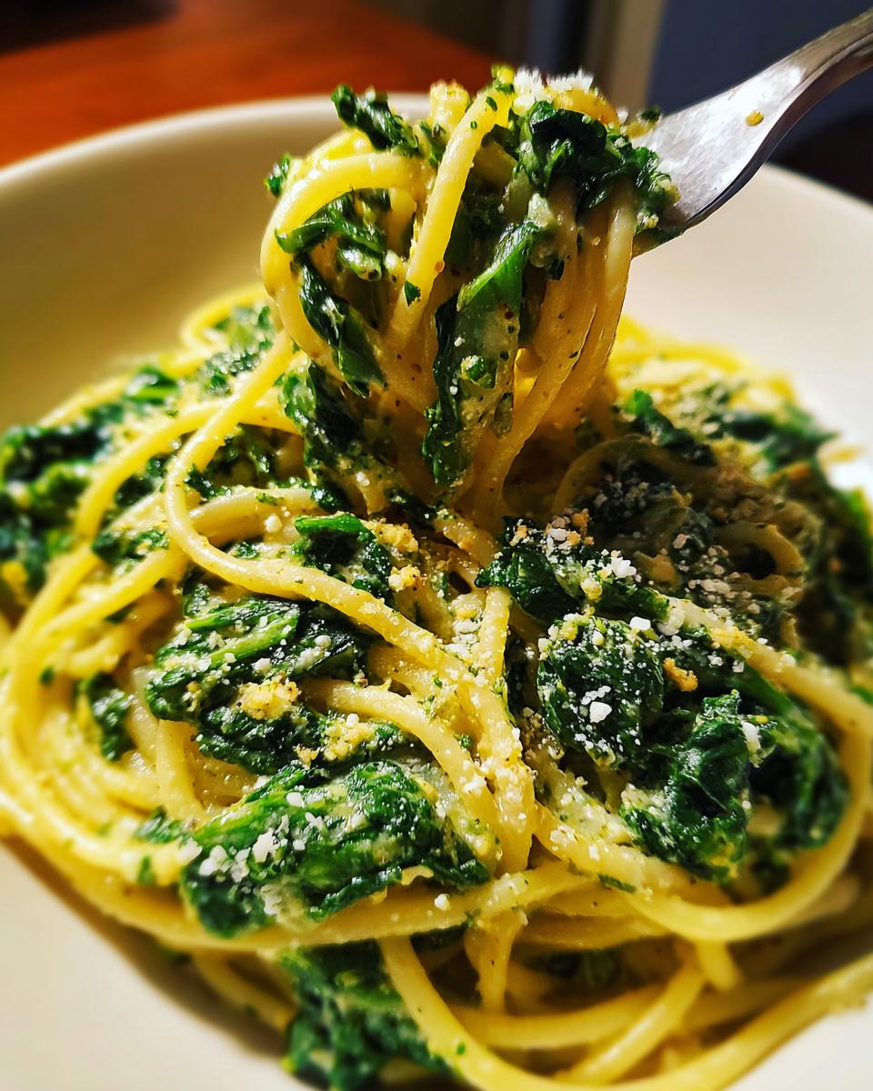 Eine Gabel hebt Spaghetti mit Spinat und Frischkäse-Sauce aus einer Schüssel, bestreut mit Parmesan.