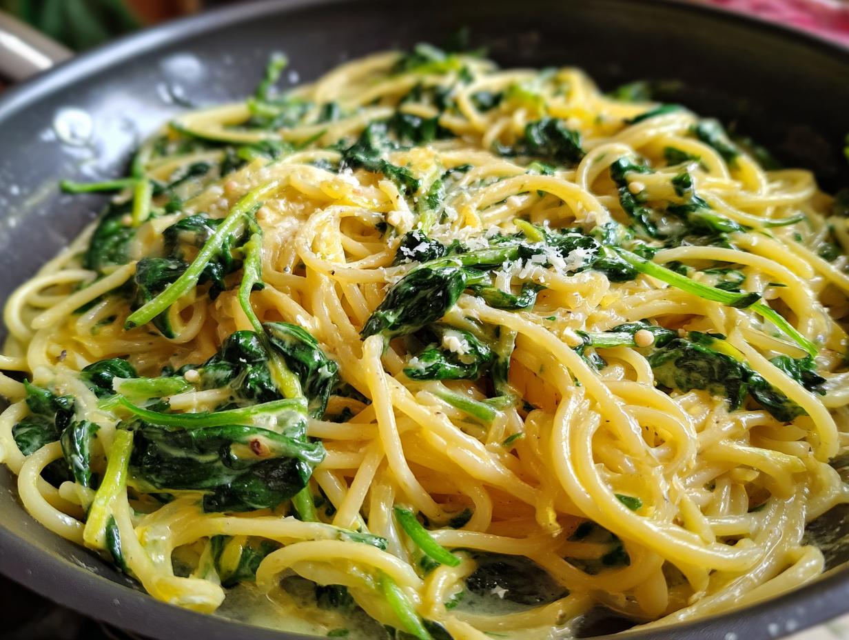 Eine Nahaufnahme von Spaghetti mit Spinat und Frischkäse-Sauce, garniert mit geriebenem Käse.