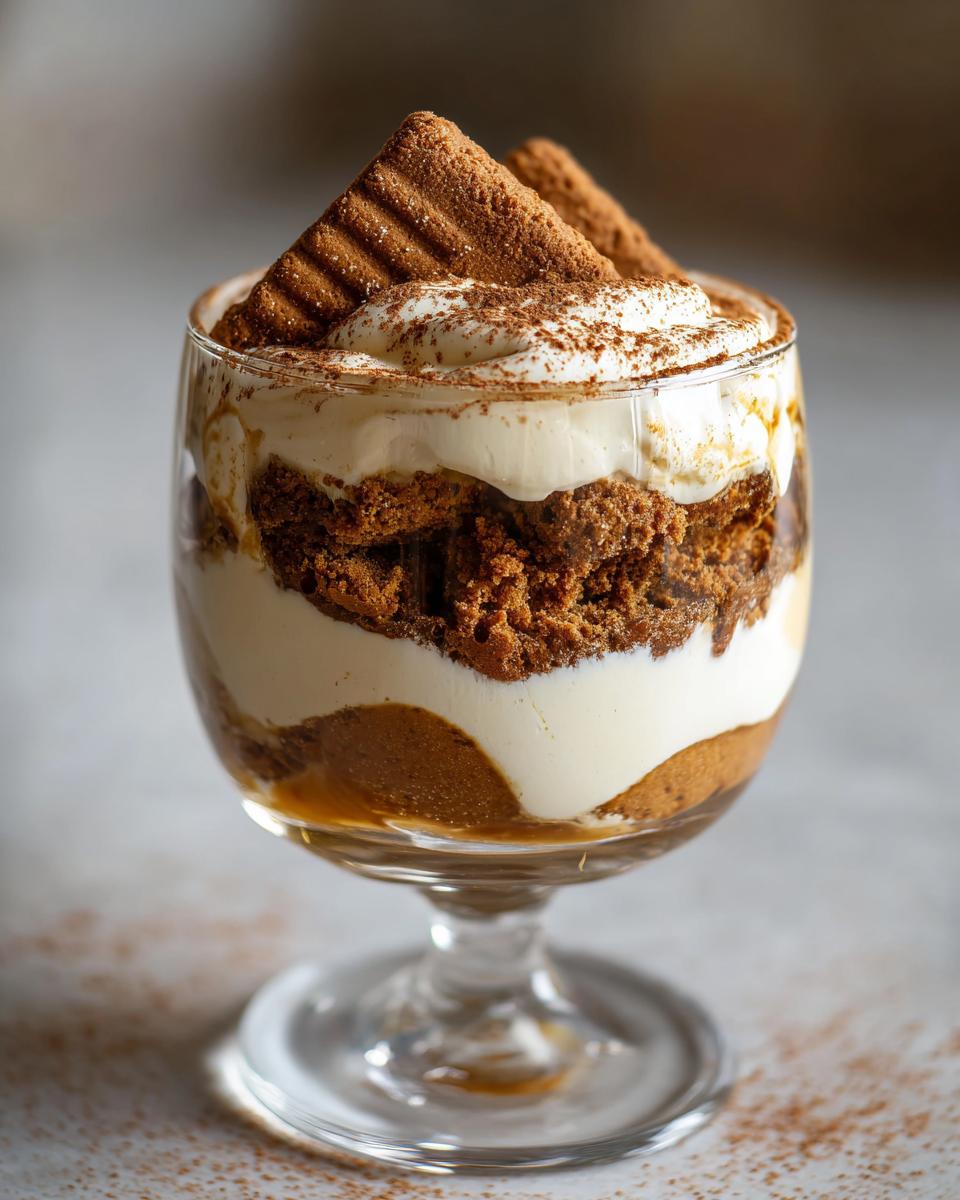 Ein Glas mit Spekulatius Dessert Creme, geschichtet mit Keksstücken und Sahne, garniert mit Spekulatius.