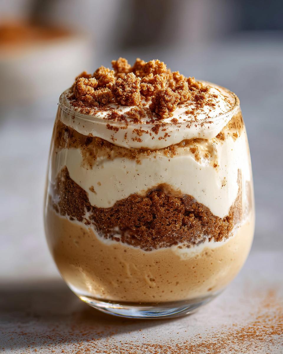 Ein einzelnes Glas mit Spekulatius Dessert Creme, geschichtet mit Keksbröseln und Sahne.