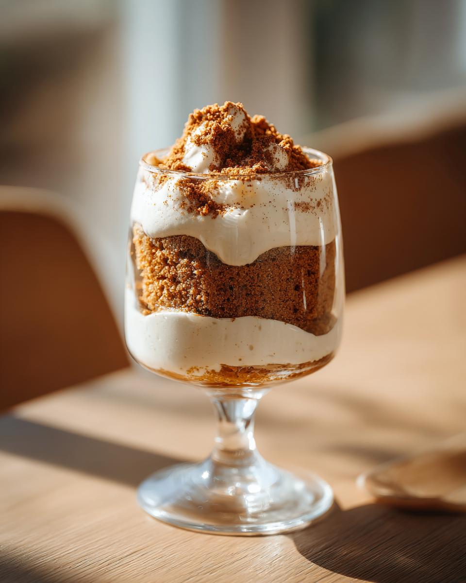 Ein Glas Spekulatius Dessert Creme mit Schichten von Keks, Creme und Spekulatius-Krümeln.