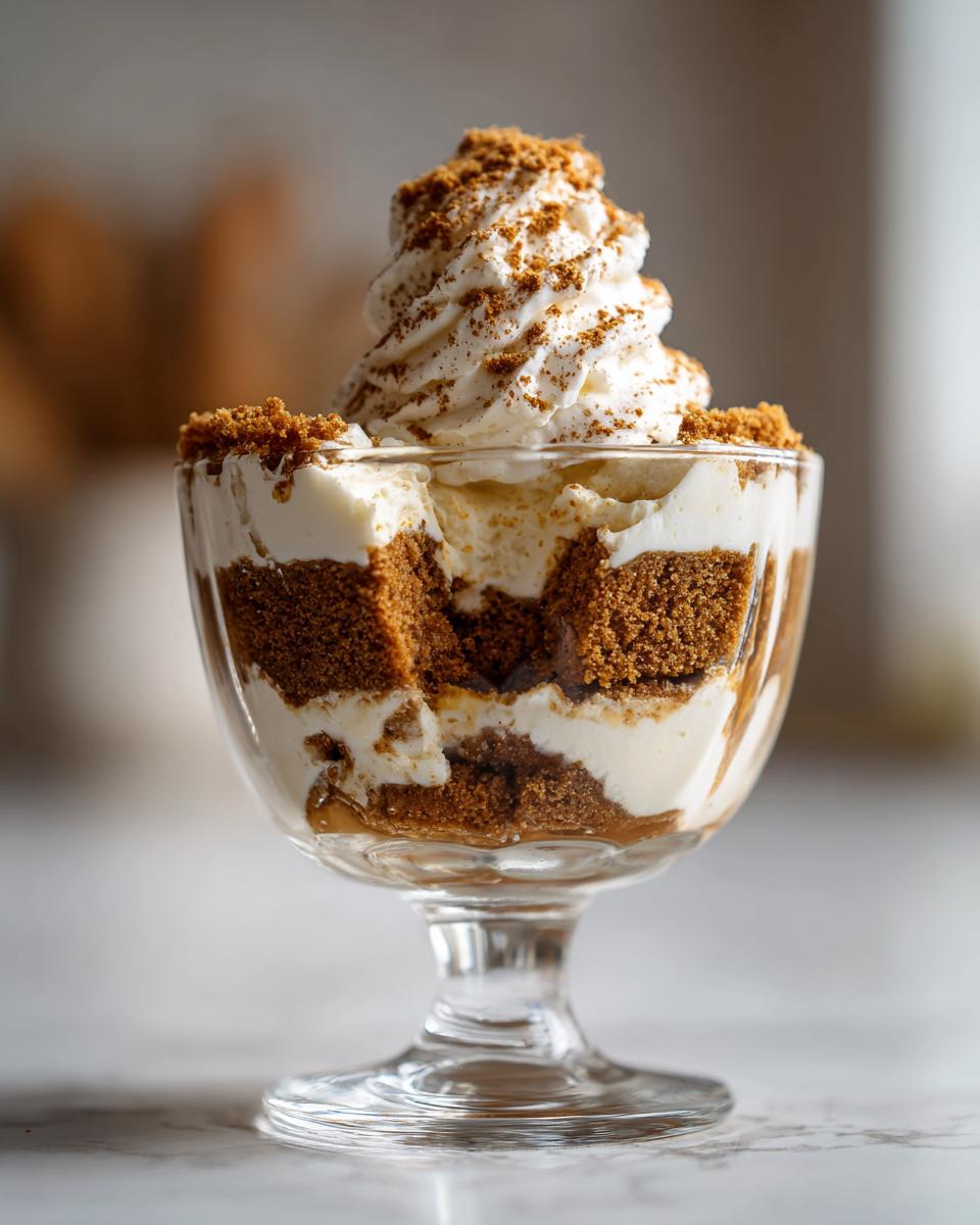 Ein Glas Spekulatius Dessert Creme mit geschlagener Sahne und zerbröselten Spekulatius-Keksen.