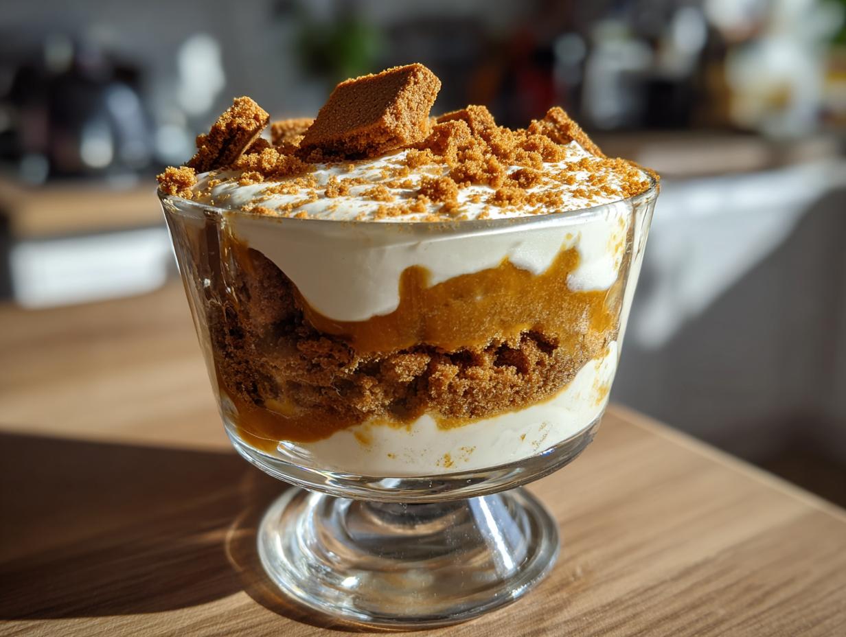 Ein Glas mit Spekulatius Dessert Creme, geschichtet mit Keksbröseln und Sahne, garniert mit Spekulatius-Stücken.