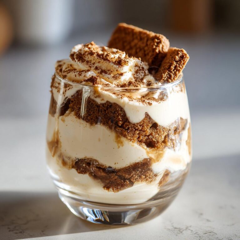 Ein Glas Spekulatius Dessert Creme mit Sahne und Spekulatius-Keksen garniert.