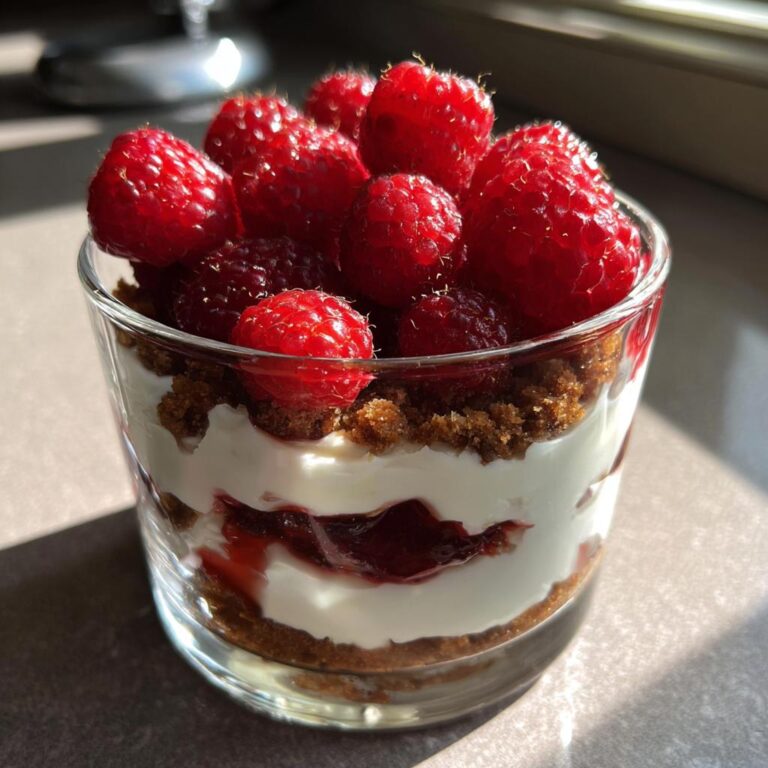 Ein Glas Spekulatius Dessert mit Himbeeren, geschichtet mit zerbröselten Spekulatius, Sahne und Himbeermarmelade.