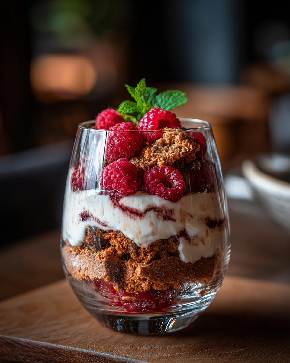 Ein Spekulatius Dessert mit Himbeeren, geschichtet in einem Glas mit Sahne und zerbröseltem Spekulatius.
