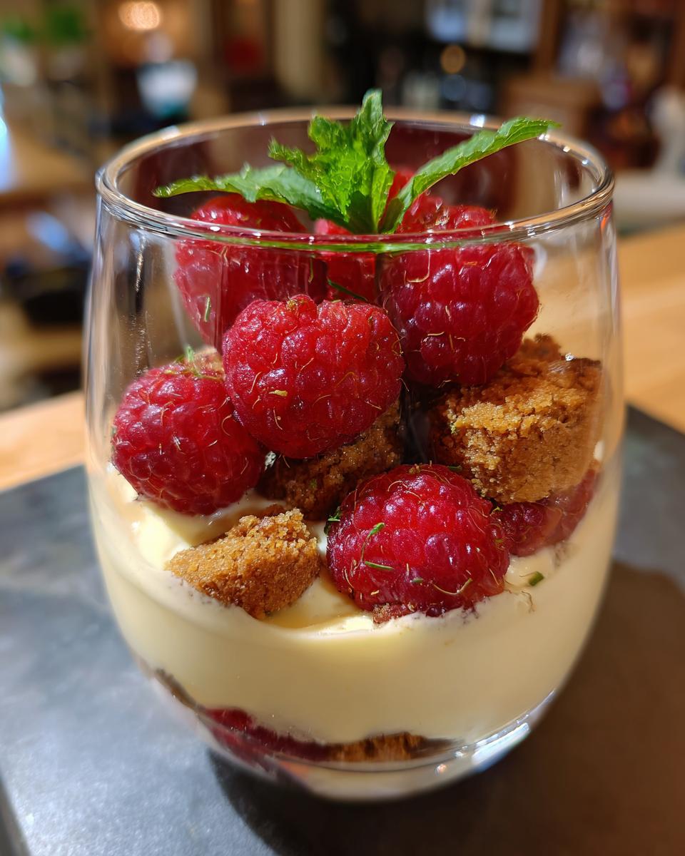 Ein Glas Spekulatius Dessert mit Himbeeren, garniert mit Minze.