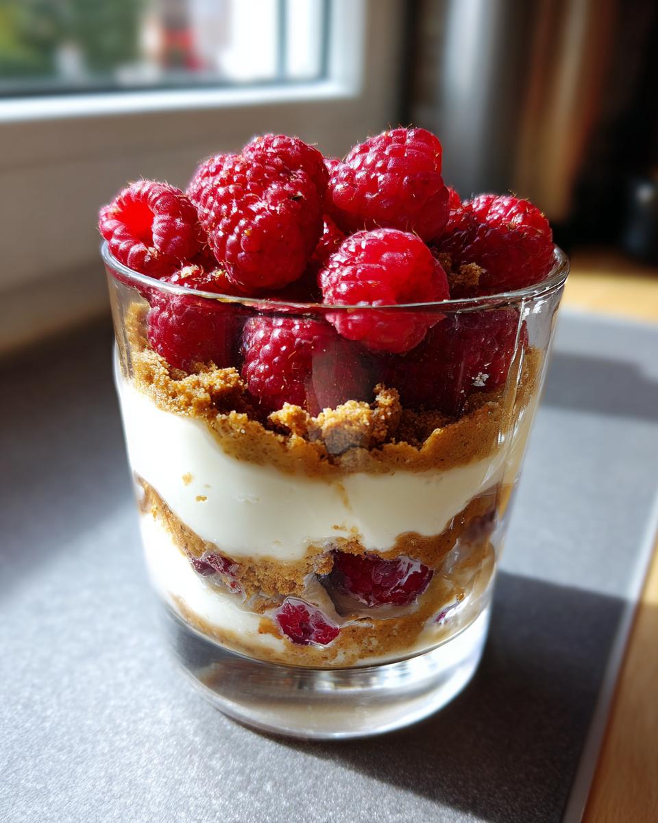 Ein Schichtdessert im Glas mit Spekulatiuskrümeln, cremiger Füllung und frischen Himbeeren, das Spekulatius Dessert mit Himbeeren.