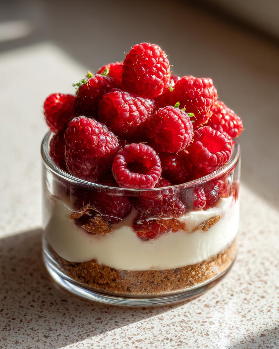 Schichtdessert aus Spekulatiuskrümeln, Creme und frischen Himbeeren in einem Glas.