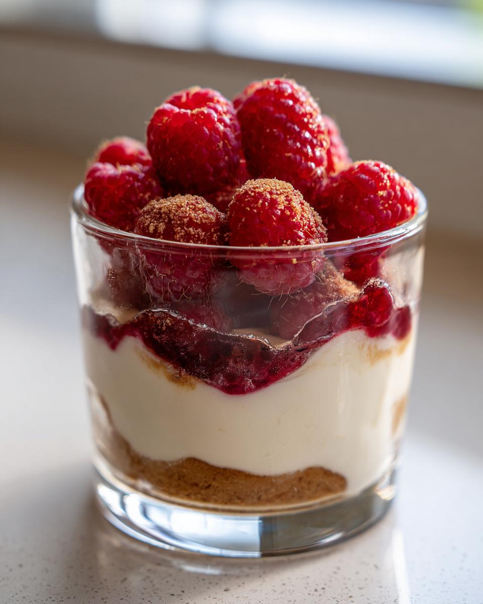 Ein einzelnes Glas Spekulatius Dessert mit Himbeeren, geschichtet mit zerbröselten Spekulatius, Creme und frischen Himbeeren.