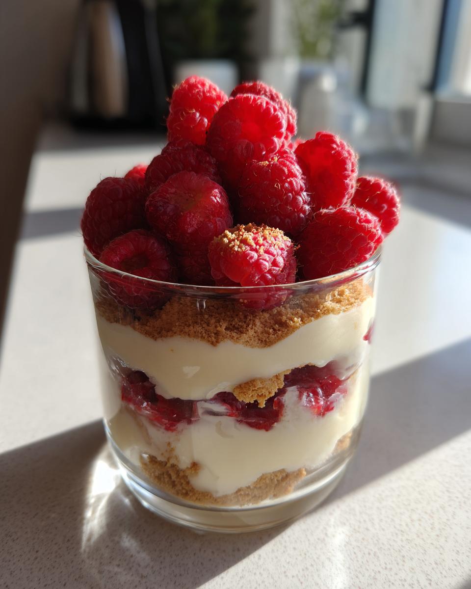 Ein Spekulatius Dessert mit Himbeeren in einem Glas, geschichtet mit zerbröseltem Spekulatius und cremiger Füllung.