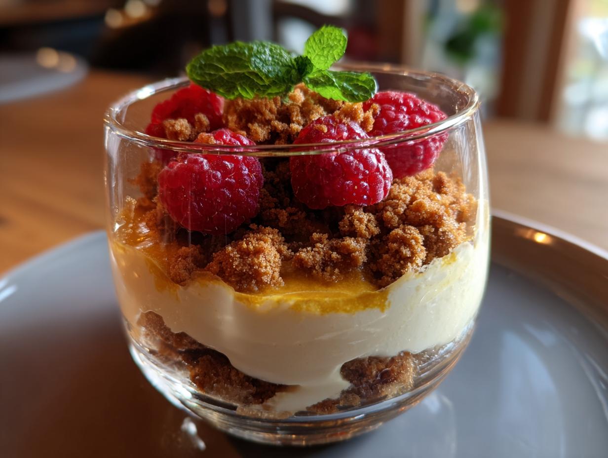 Naheinstellung eines Spekulatius Desserts mit Himbeeren, garniert mit Minze, in einem Glas.