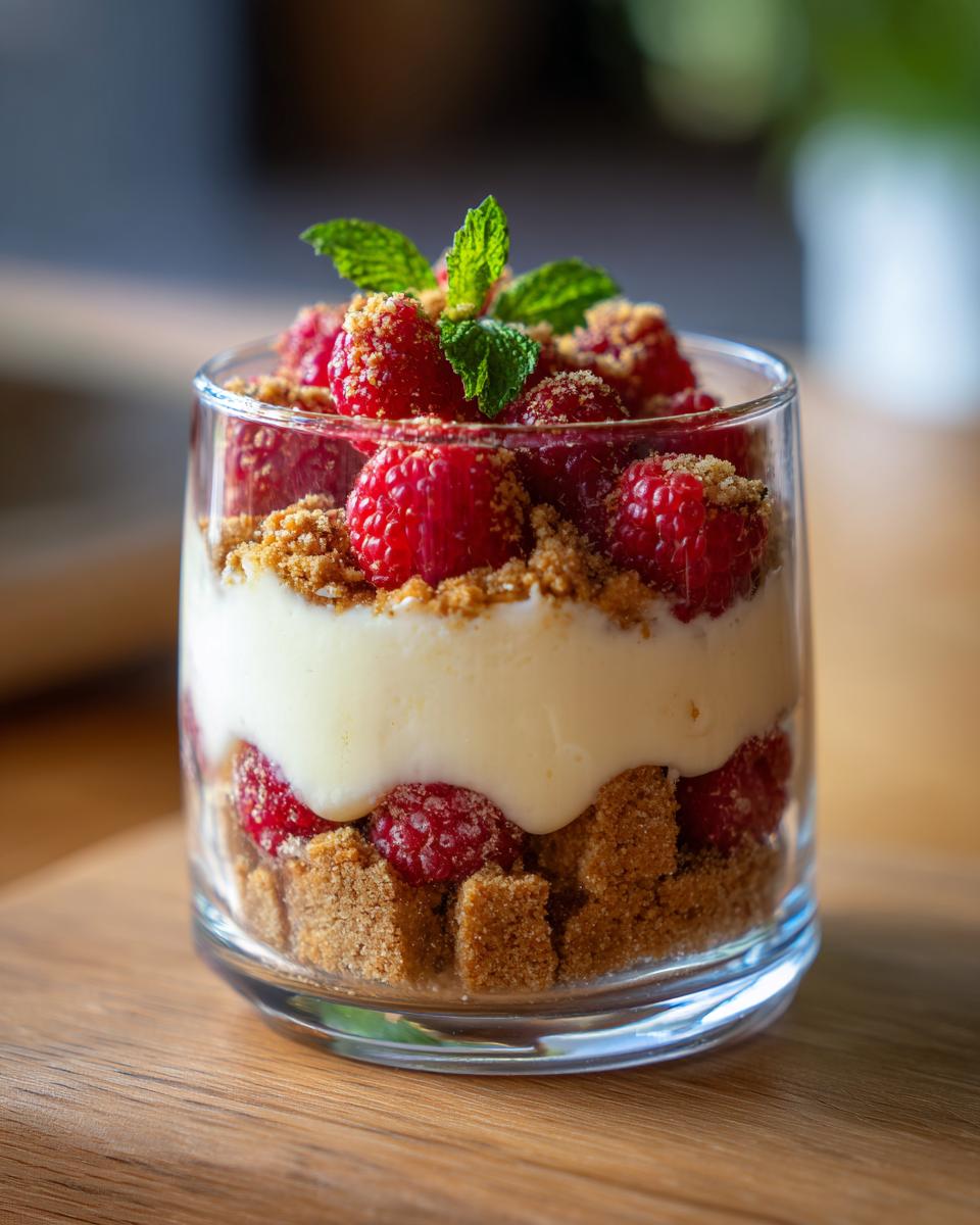 Ein einzelnes Glas Spekulatius Dessert mit Himbeeren, geschichtet mit zerbröselten Spekulatius, Himbeeren und einer cremigen Schicht, garniert mit Minze.