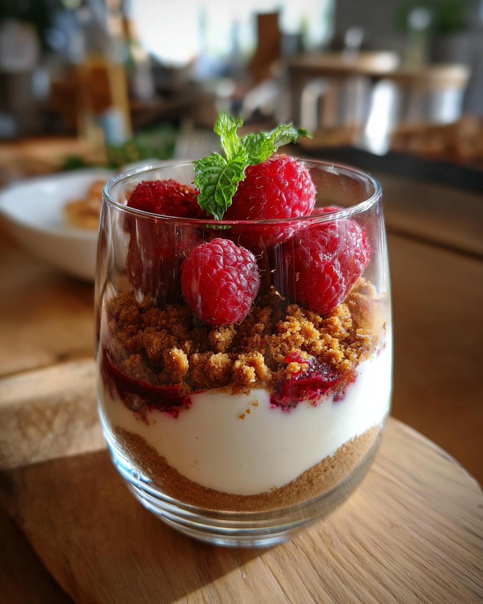 Schichtdessert aus Spekulatiuskrümeln, cremiger Füllung und frischen Himbeeren, garniert mit Minze.
