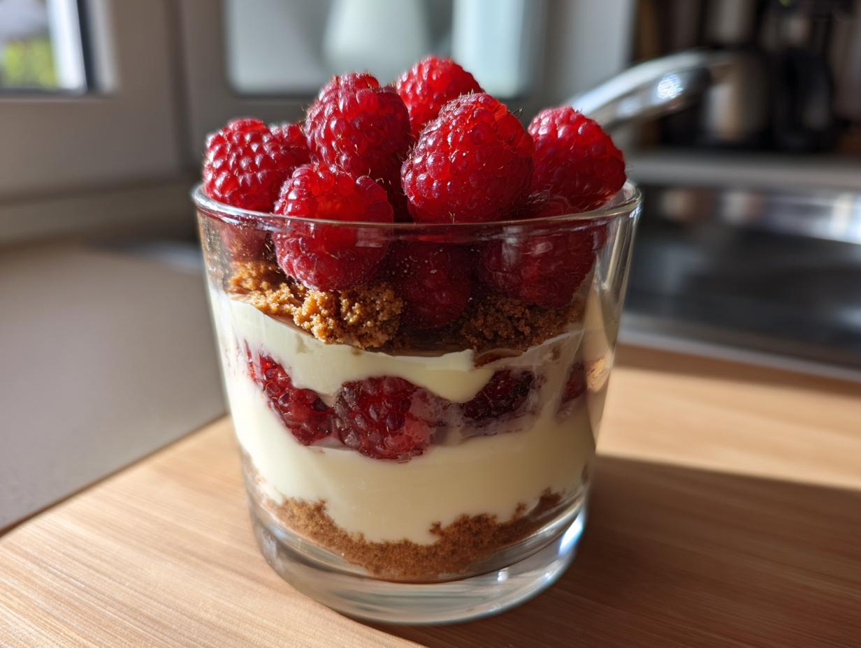 Ein einzelnes Glas mit Spekulatius Dessert und Himbeeren, geschichtet mit Keksbröseln und Creme.