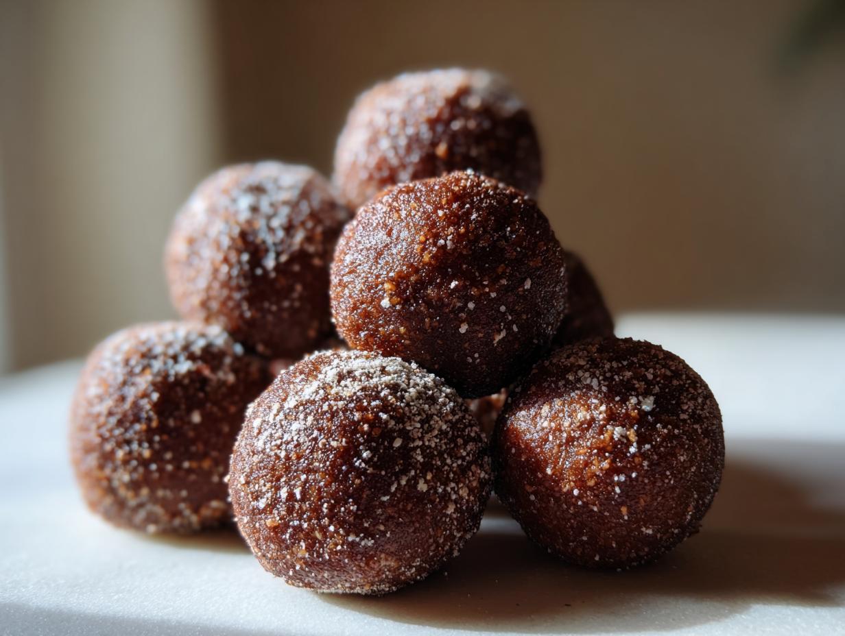 A pile of homemade Spekulatius-Nutella Kugeln dusted with powdered sugar.