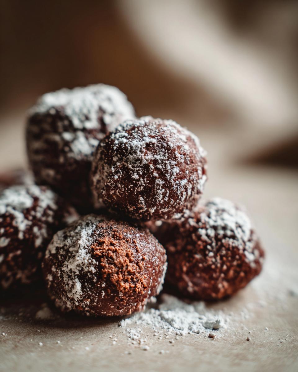 A close-up of delicious Spekulatius-Nutella Kugeln dusted with powdered sugar.