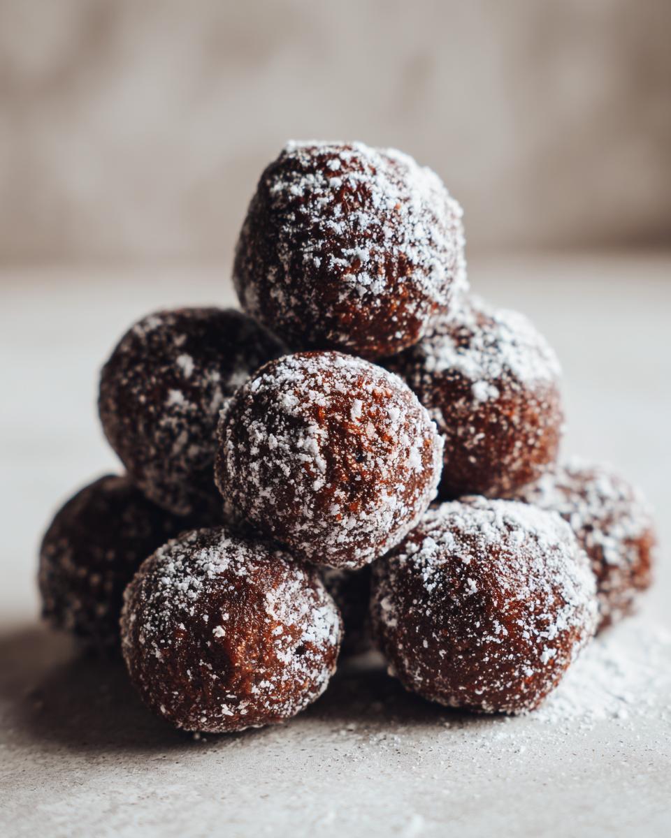 A pile of delicious Spekulatius-Nutella Kugeln dusted with powdered sugar.