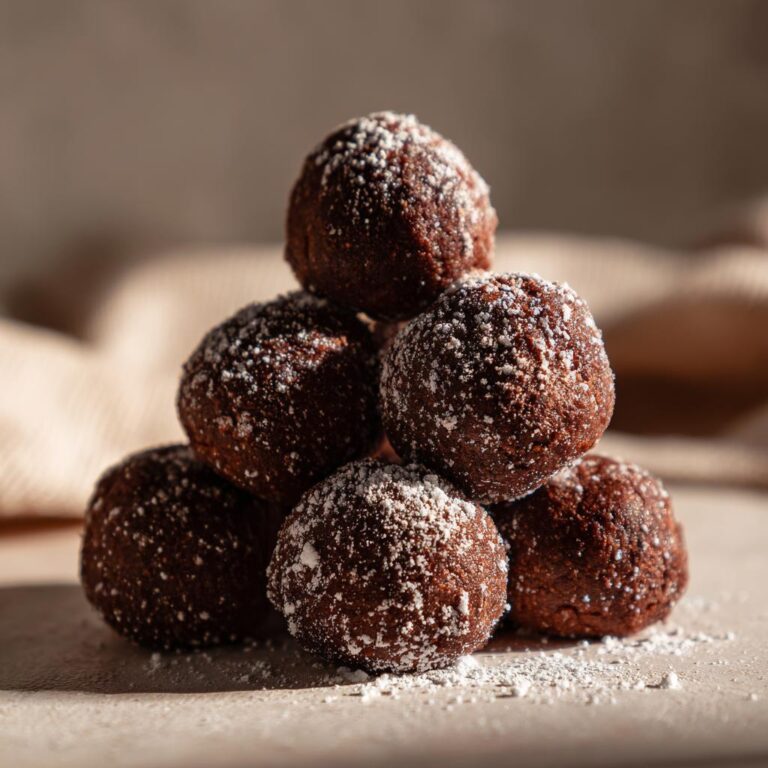 A pyramid stack of rich, dark Spekulatius-Nutella Kugeln dusted with powdered sugar.