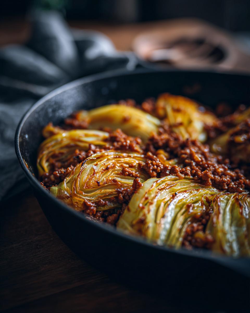 Nahaufnahme einer Spitzkohlpfanne mit Hackfleisch, serviert in einer gusseisernen Pfanne.