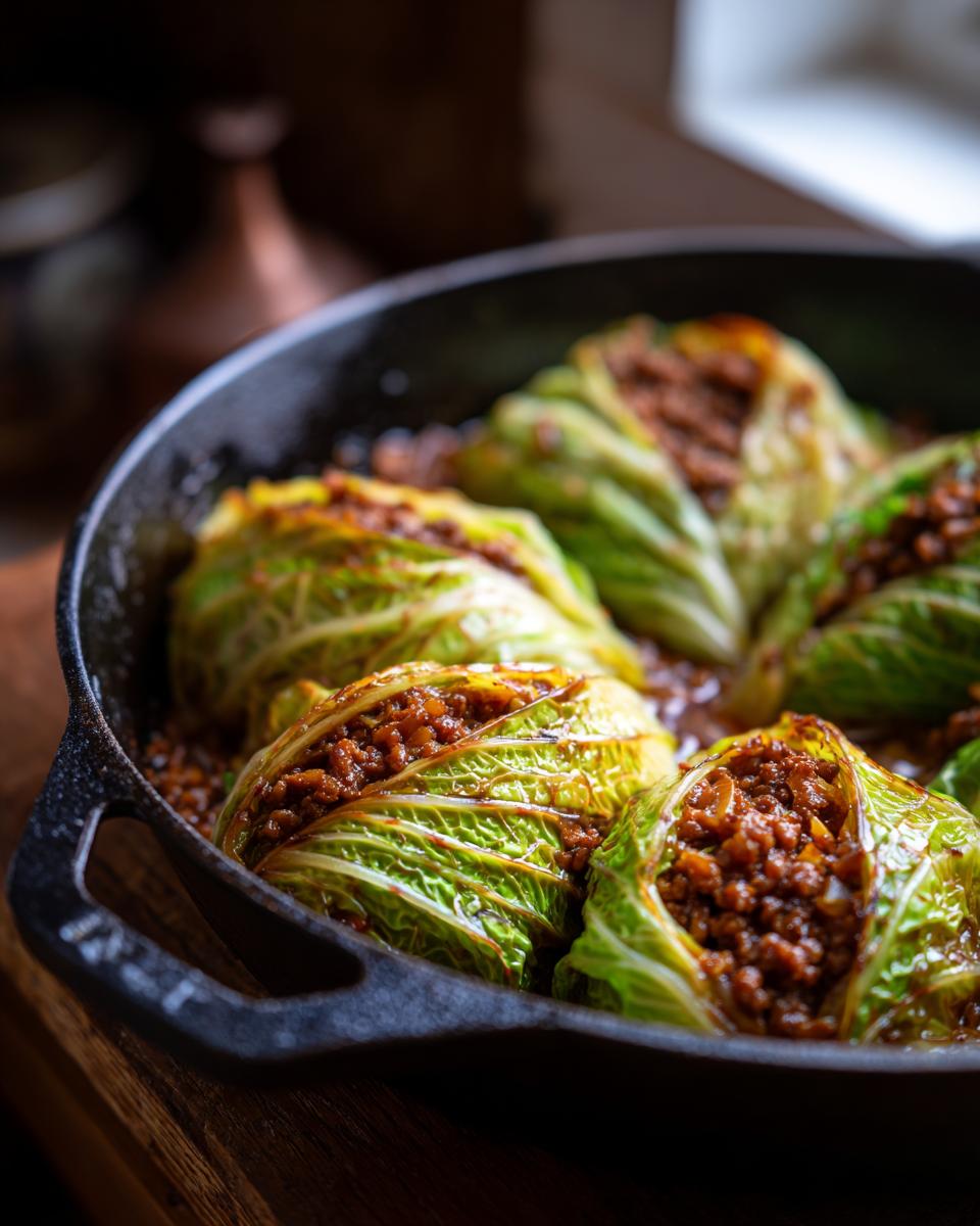 Gefüllte Spitzkohlrouladen mit Hackfleisch in einer gusseisernen Pfanne, bereit zum Servieren.