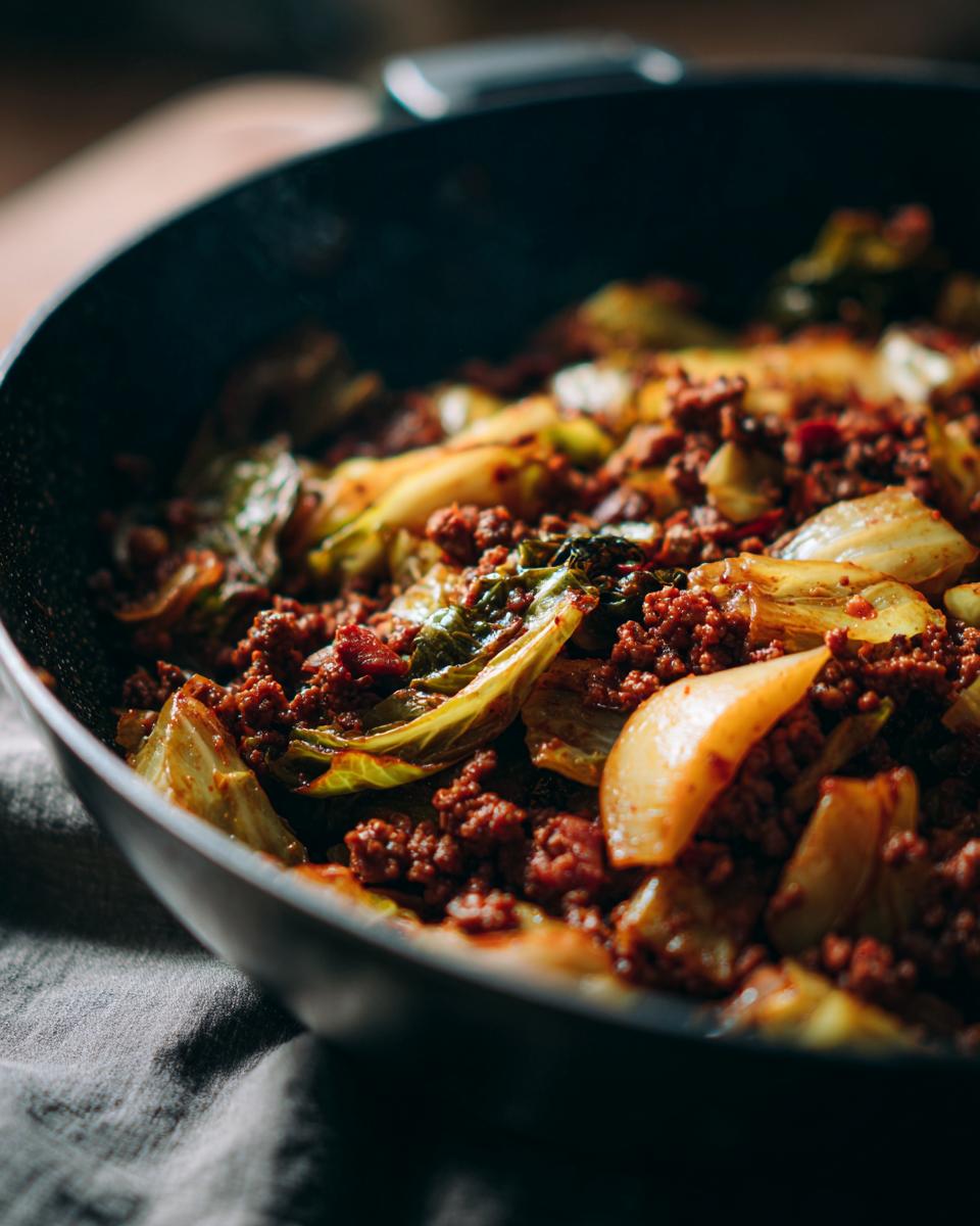 Nahaufnahme einer Spitzkohlpfanne mit Hackfleisch, serviert in einer schwarzen Pfanne auf einem grauen Tuch.
