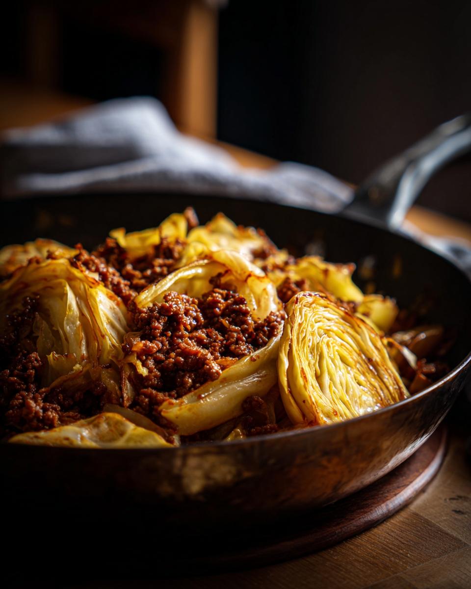 Nahaufnahme einer Spitzkohlpfanne mit Hackfleisch, serviert in einer Gusseisenpfanne auf einem Holztisch.