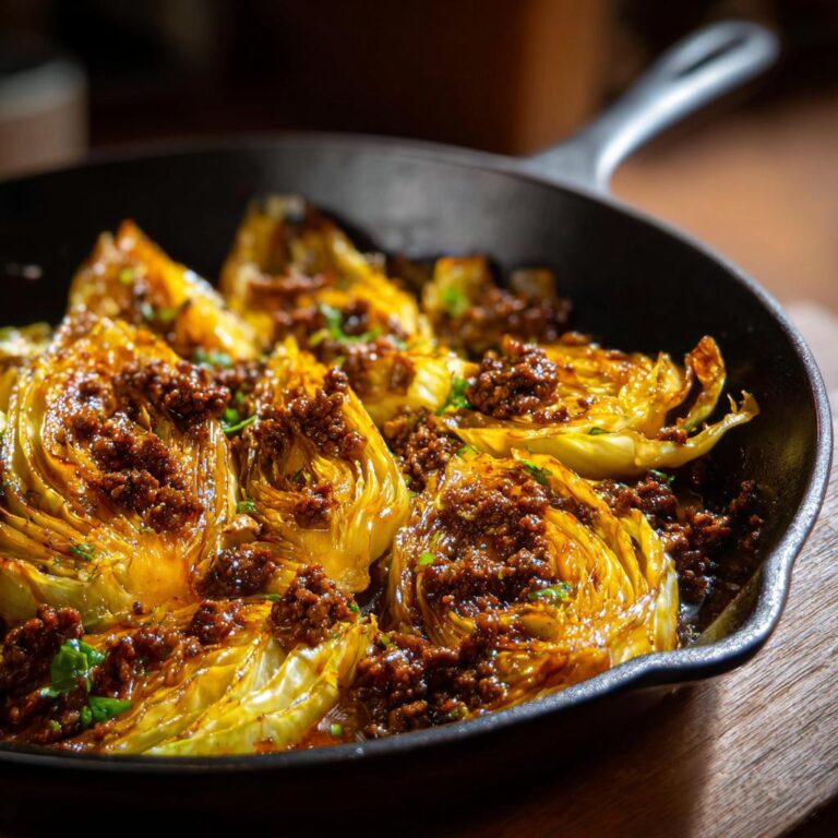 Eine köstliche Spitzkohlpfanne mit Hackfleisch, serviert in einer Gusseisenpfanne, garniert mit Petersilie.