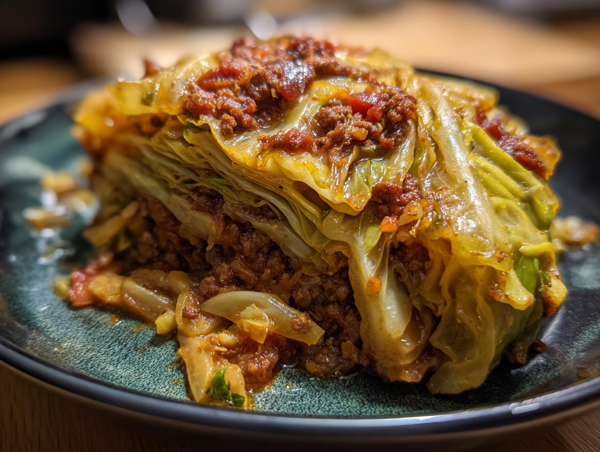 Nahaufnahme einer Portion Spitzkohlpfanne mit Hackfleisch auf einem Teller, geschichtet und mit Tomatensoße serviert.