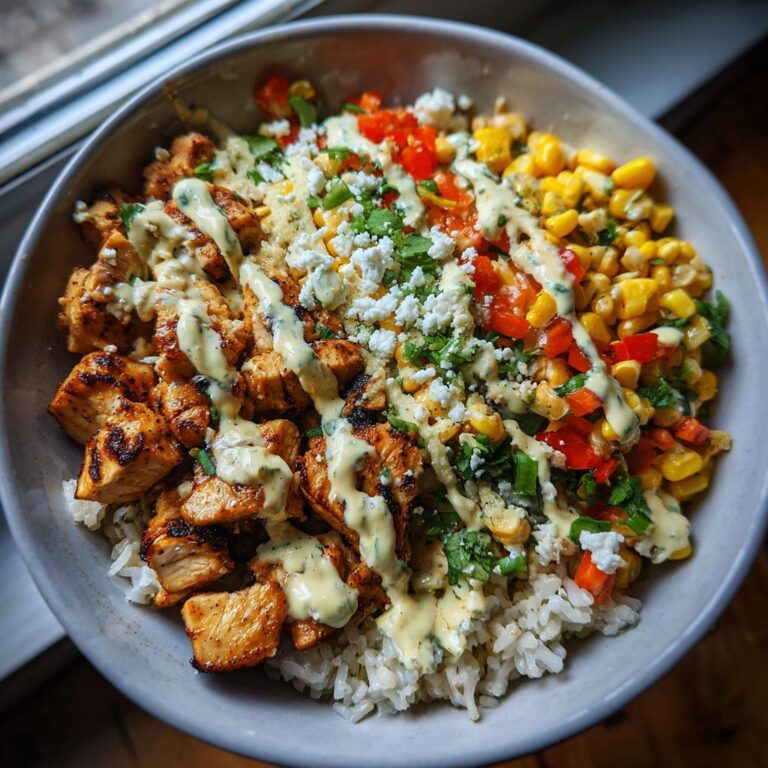 Close-up of a Street Corn Hähnchen Reis Bowl with grilled chicken, rice, corn, peppers, and a creamy sauce.