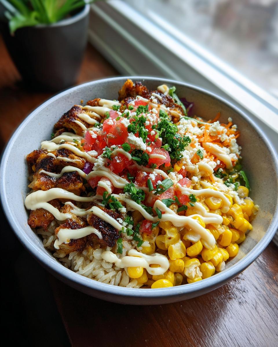 A vibrant Street Corn Hähnchen Reis Bowl featuring seasoned chicken, rice, corn, tomatoes, and a creamy drizzle.