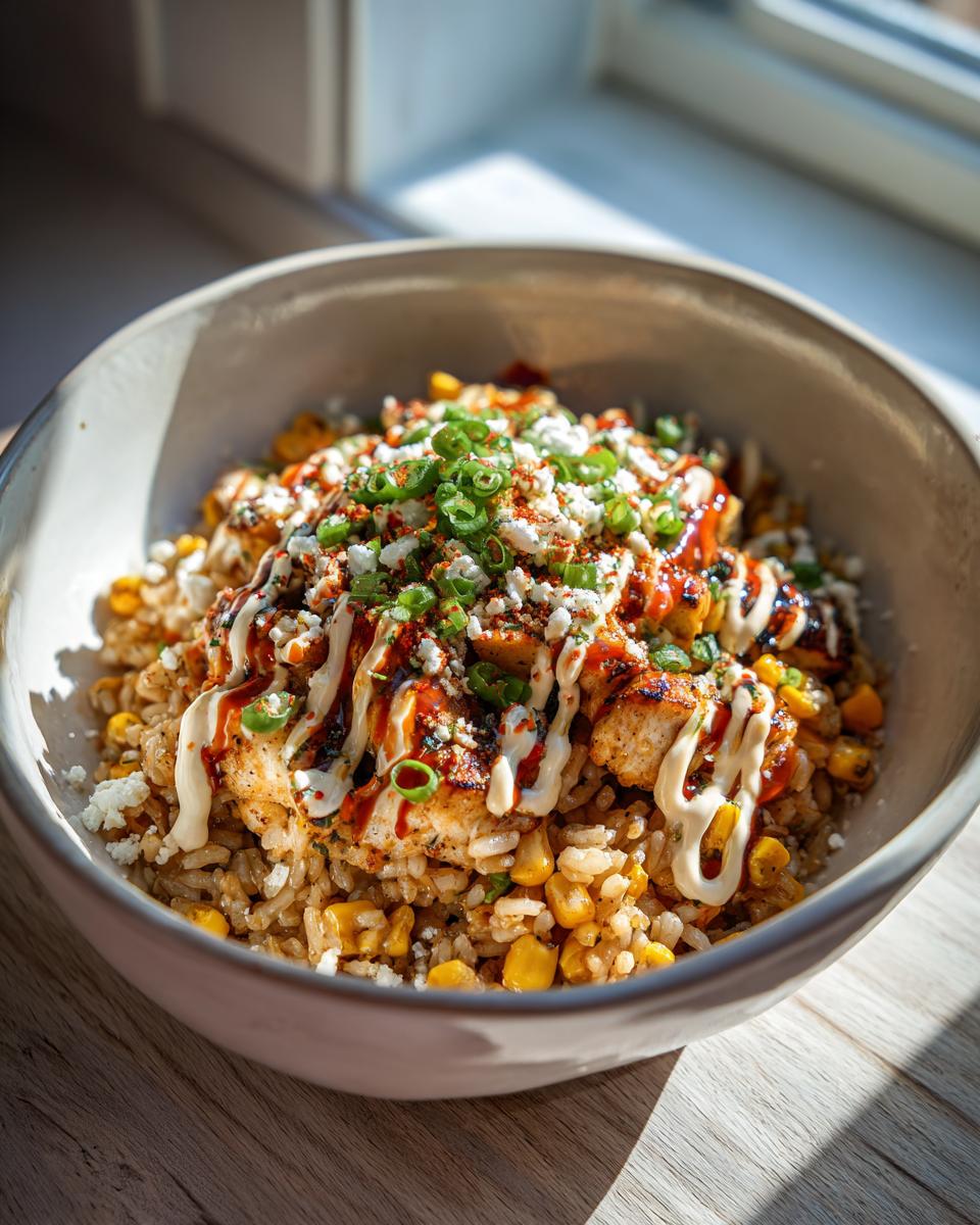 A close-up of a Street Corn Hähnchen Reis Bowl with grilled chicken, corn, rice, cheese, and sauces.